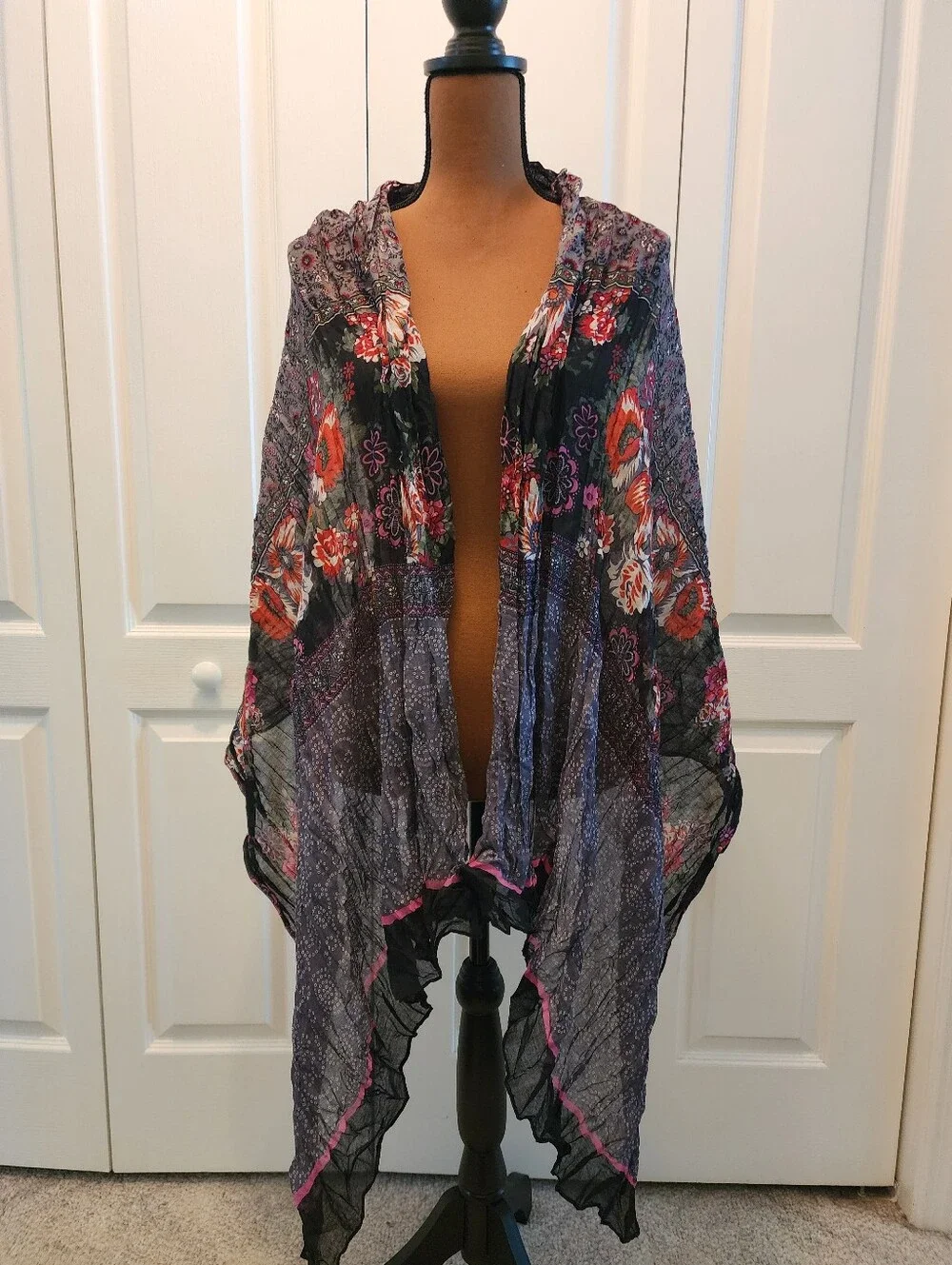 Sheer Boho Whimsygoth Indie Scarf Wrap in Black and Purple with Pink And Red